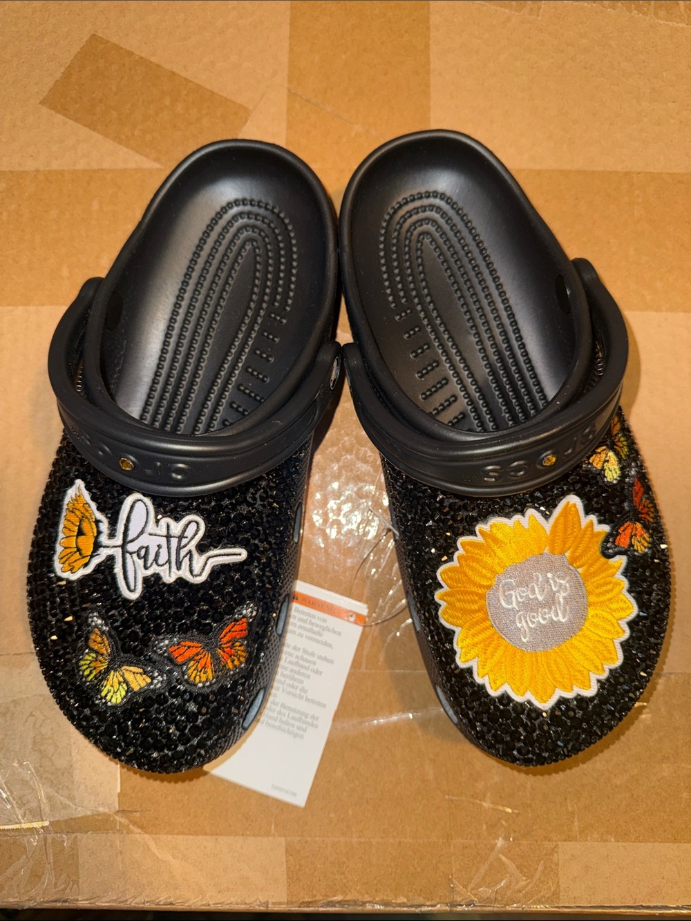CROCS Black Glitter Clogs with Sunflower & Butterfly Patches